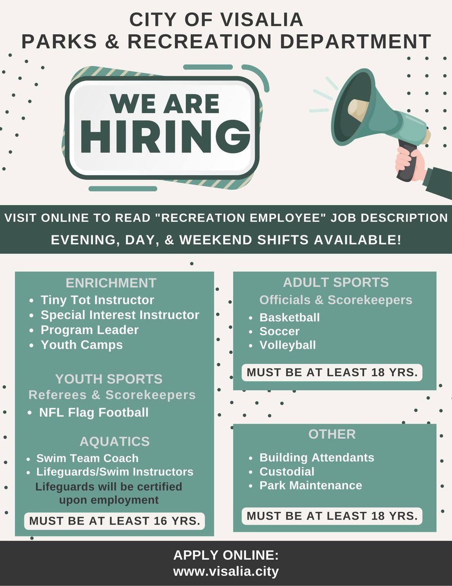 WE ARE HIRING! 

Click the link below, to read job descriptions and to apply: 

governmentjobs.com/careers/visali…