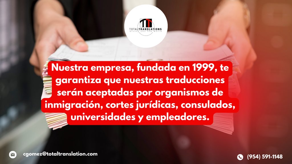 Totaltranslatio's tweet photo. Nuestra empresa, fundada en 1999, te garantiza que nuestras traducciones serán aceptadas por organismos de inmigración, cortes jurídicas, consulados, universidades y empleadores. https://t.co/if56Bh4CCr