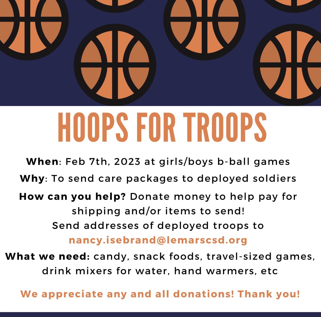 People trekking up to LeMars tomorrow night:
Their StuCo had asked us to help in collecting goods for their drive for supplies for troops! 
(EHS StuCo reps will earn points for participating!) 
🇺🇸