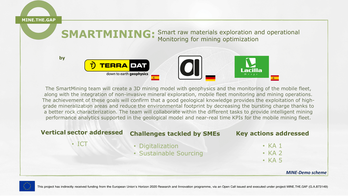 @MINETHEGAP_EU funds SmartMining consortium with @terradat , #Abaut and #GrupoLacilla currently working on a 3D mining model with geophysics and monitoring of mobile fleet, along with integration of non-invasive mineral exploration, mobile fleet monitoring and mining operations