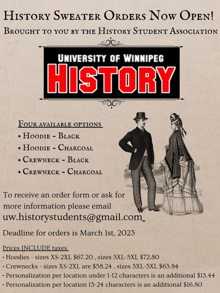 HistoryUw's tweet photo. The UWHSA is doing sweaters! 
You have until after reading week to fill out an order form- email us at uw.historystudents@gmail.com for a form or if you have any questions! https://t.co/sO92nRQGgs