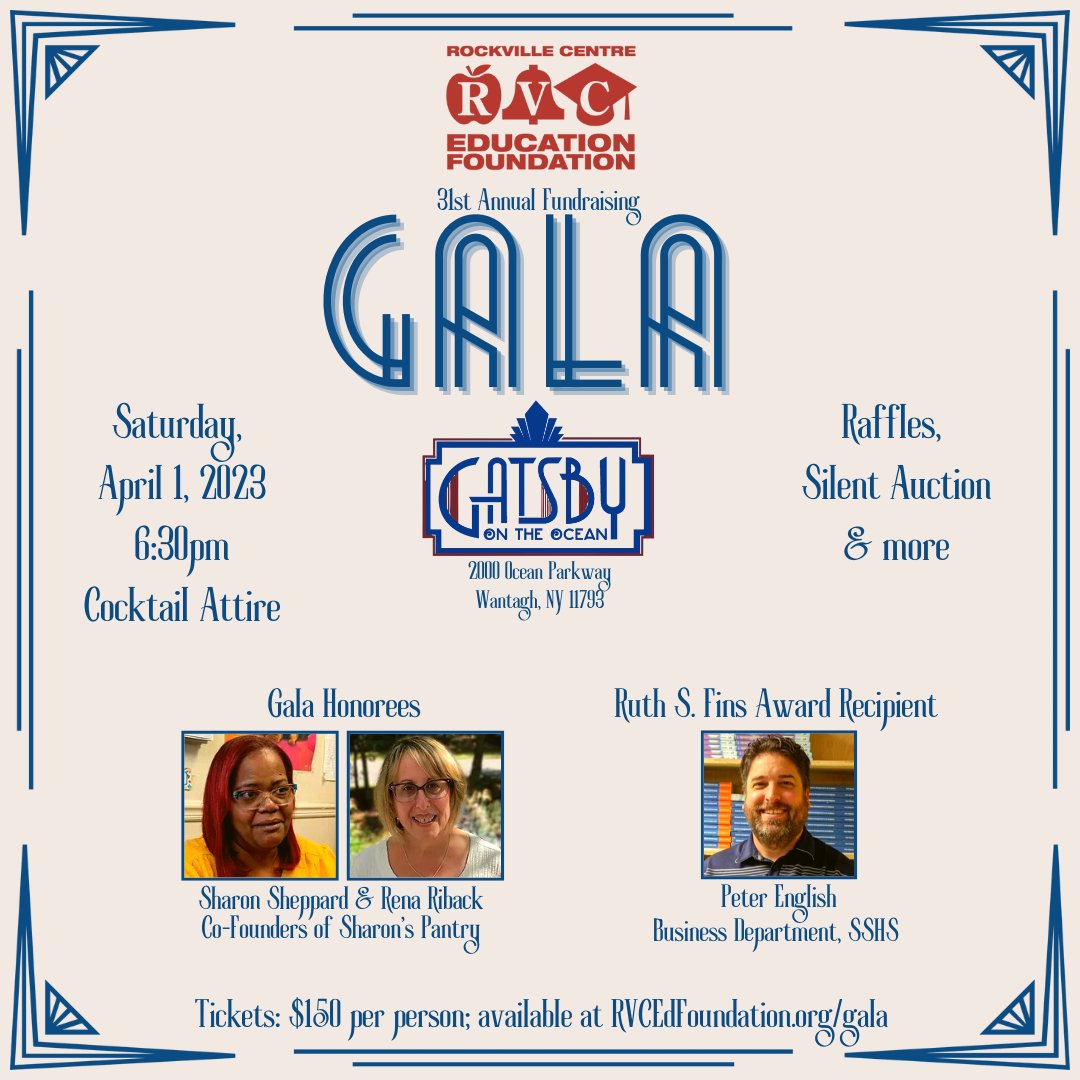 RVCSchools's tweet photo. Please join us at the 31st Annual Rockville Centre Education Foundation Fundraising Gala/Cocktail Party on Saturday, April 1, 2023 from 6:30-10:30 pm! Ticket reservations and sponsorships may be purchased here: https://t.co/OohYW15DrJ #GameOnRVC #LikeACyclone https://t.co/14WsVf0JIX