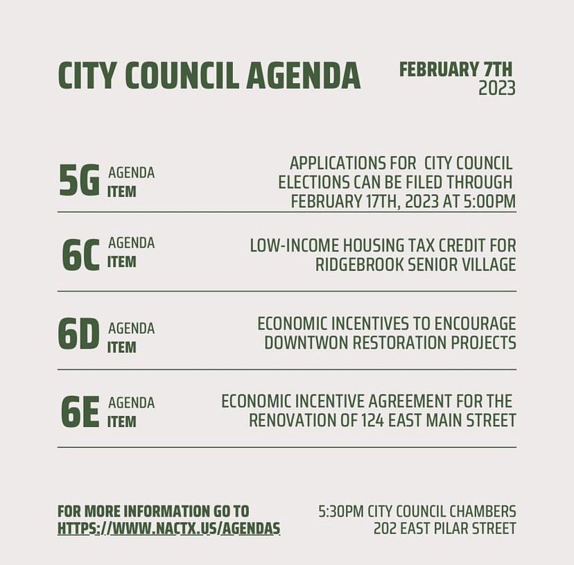 There is a City Council Meeting tomorrow, February 7th at 5:30pm! Here are some of the agenda items. To see the full list go to nacre.us/agendas
Hope to see y’all there at the City Council Chambers!