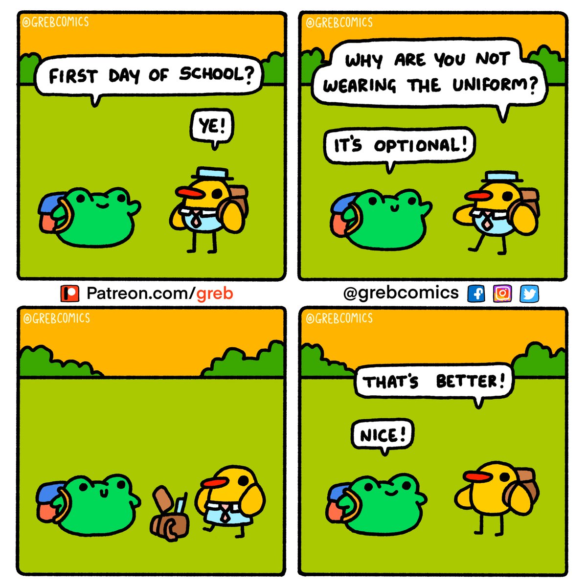 GrebComics's tweet photo. Baby duck bumps into Soup Frog on her way to school!
🐸🐤 https://t.co/MK4KYlU4ML