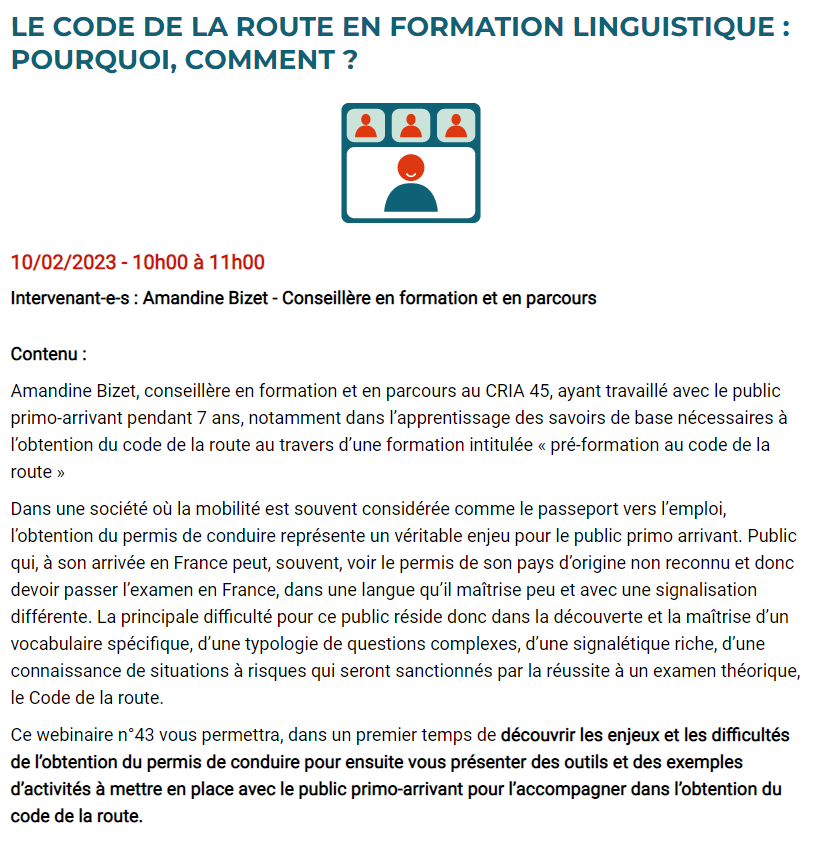 DocenstockF's tweet photo. Vendredi 10/02 de 10h à 11h: Comment utiliser le code de la route en formation linguistique avec le CRIA45 #docenstock : inscription gratuite: https://t.co/b7uvuzIGKm 
@Interieur_Gouv
@CRI_PACA
@COdeNormandie 
@CDRIML_IDF https://t.co/PJ3lWirqOx