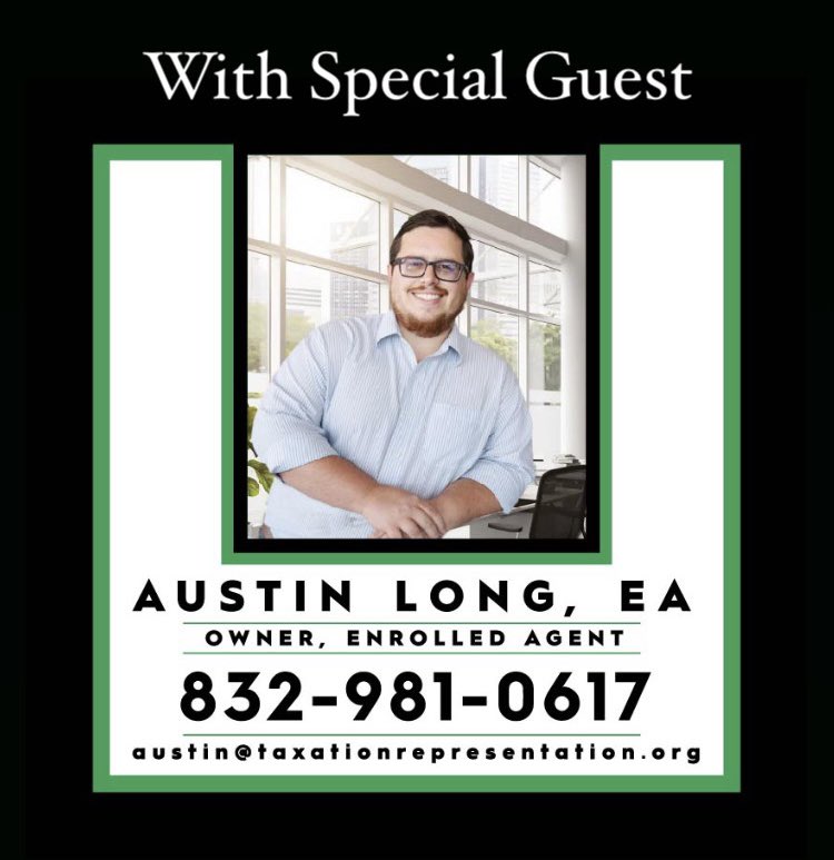 This wednesday, 2/08/2023, check out my Business Spotlight featuring Austin Long with Taxation Representation, LLC!

#Tax #Taxes #EnrolledAgent #EA #Booking #TaxationRepresentation 
#BusinessSpotlight #MakingConnections #BuildingRelationships
