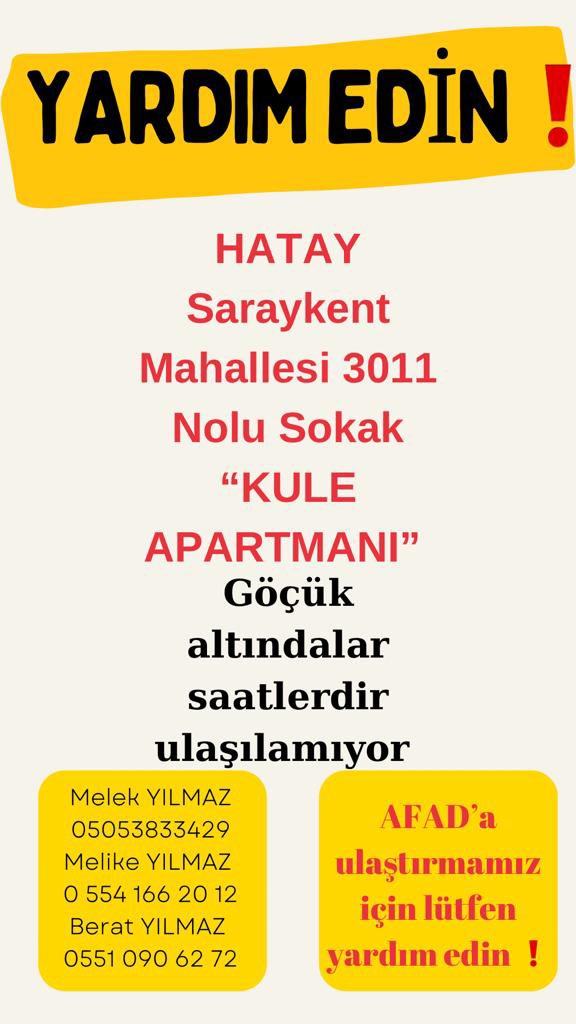Lütfen paylaşalım ulaştıralım <a href="/ahbap/">Ahbap</a> <a href="/DepremDairesi/">AFAD Deprem</a> <a href="/AFADBaskanlik/">AFAD</a> <a href="/AFADHatay/">AFAD HATAY</a> #deprem #enkazaltındayım #Turkiye #seferberlik #PrayForTurkey