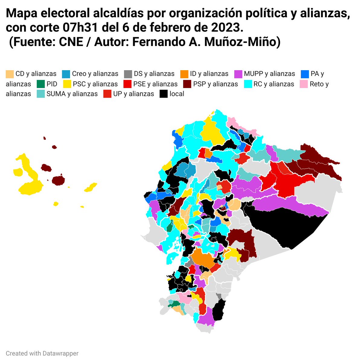 famunozmino's tweet photo. 1de2. Y ahora, en continuidad al esfuerzo previo, los colores políticos de los cantones del Ecuador. Ya que no hay información tabulada, tocó tabular todo.

Puede tomarse como referencia, sabiendo que algunos datos cambiarán.

Aquí el gráfico dinámico: https://t.co/Tbrr1h9tOj https://t.co/H87wvxOSpj