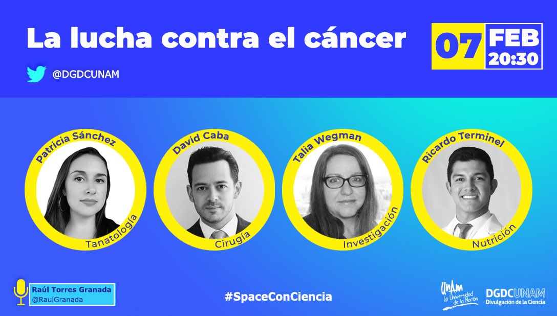 DGDCUNAM's tweet photo. En América, el cáncer es la segunda causa más frecuente de mortalidad, después de las afecciones cardiovasculares.

#SpaceConCiencia🎙️ recibe a  @TaliaWegman, @DavidCabaMD, @Nutri_Cancer y @OchoAltea en plática con @RaulGranada.

¡Activa tu recordatorio!
👉https://t.co/t6h19dwEwd https://t.co/rYUyxzHE4P