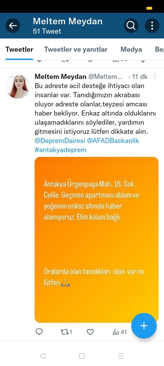 MeltemMeydan5's tweet photo. @DepremDairesi Acil bu adrese yardım gönderin lütfen kendilerinden haber alamıyoruz.Enkaz altında kalan kadın ve çocuğu var. Kadının adı: Çimen Gazi https://t.co/tdRIlNhbul