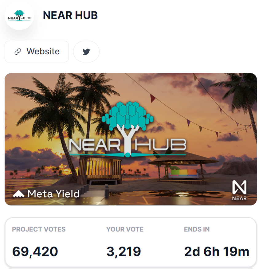 Don't forget to Meta-Vote for <a href="/NEARHub_online/">NEAR Hub</a> 

Two days left! 

#NEARisNOW #Metaverse #DAO <a href="/meta_pool/">Meta Pool</a>
