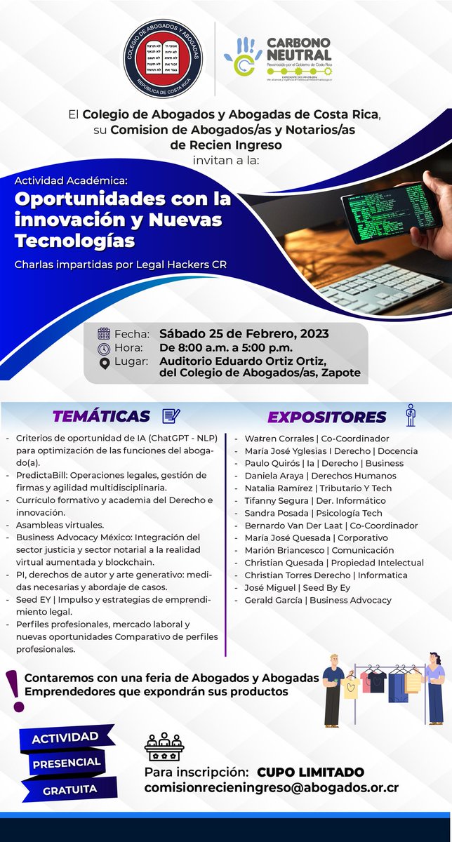 🔈🔈𝑨𝑪𝑻𝑰𝑽𝑰𝑫𝑨𝑫 𝑨𝑪𝑨𝑫𝑬́𝑴𝑰𝑪𝑨🔈🔈

Oportunidades con la innovación y Nuevas Tecnologías 🖥️🖱️

📅 25 de febrero del 2023
🕗 8:00a.m., a 5:00 p.m.

ℹ️ Inscripciones e información
📧 comisionrecieningreso@abogados.or.cr

#PrimerColegioProfesionalDeCR⚖️