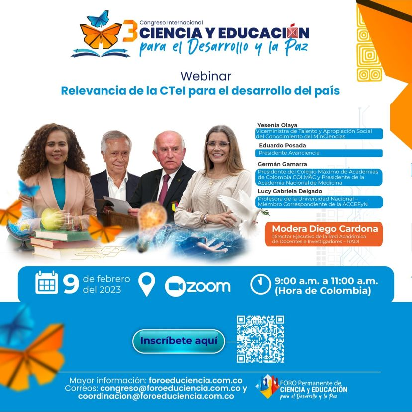 RedttuCol's tweet photo. #Invitación| a la comunidad educativa para participar  el 9 de febrero  9:00-11:00 GMT-5 del Webinar  GRATUITO. "Relevancia de la CTeI para el desarrollo del país" preparatorio del III Congreso Internacional:
 https://t.co/Z2d2GqdpD7. https://t.co/erRKDZ6ASr