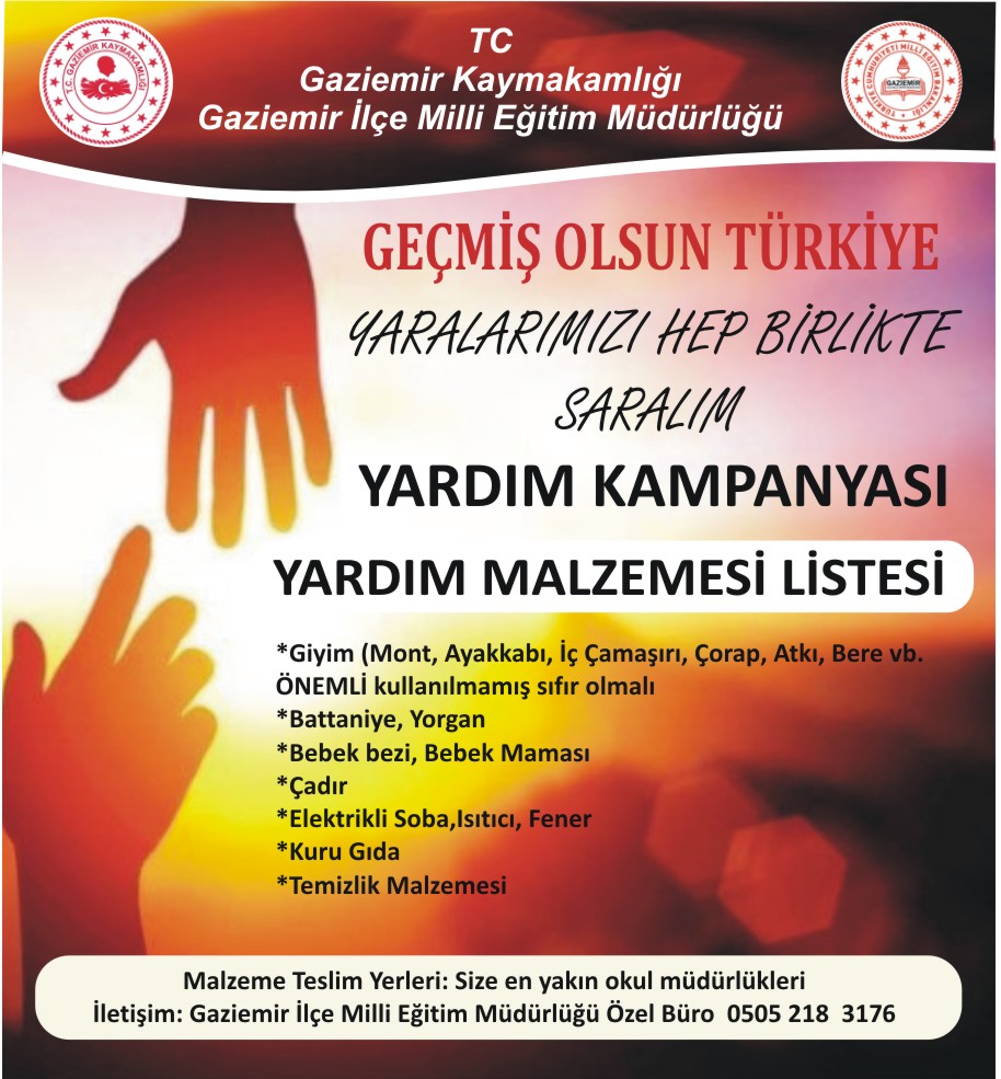 "Yaralarımızı Hep Birlikte Sarıyoruz." #deprem
<a href="/tcmeb/">Millî Eğitim Bakanlığı</a> <a href="/izmir_ilmem/">İzmir İl Milli Eğitim Müdürlüğü</a> <a href="/MucahitYentur/">Murat Mücahit Yentür</a> <a href="/gaziemirkymkmlk/">Gaziemir Kaymakamlığı</a> <a href="/AhmetSuheylUcer/">Dr. Ahmet Süheyl Üçer</a> <a href="/OGNDERSE/">OGÜN DERSE</a>