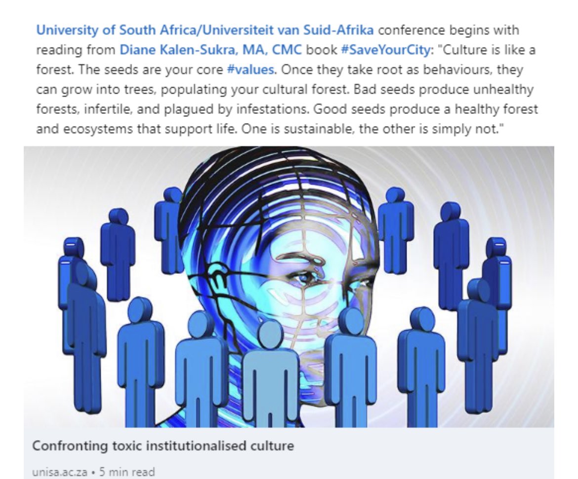 DianeKalenSukra's tweet photo. University of South Africa Vice-Principal opens conference on Confronting Toxic Institutionalized Culture with reading from #SaveYourCity 📘: https://t.co/ZvGQFCKJvi #civility #culturematters #valuesmatter https://t.co/kXeofpwUOn