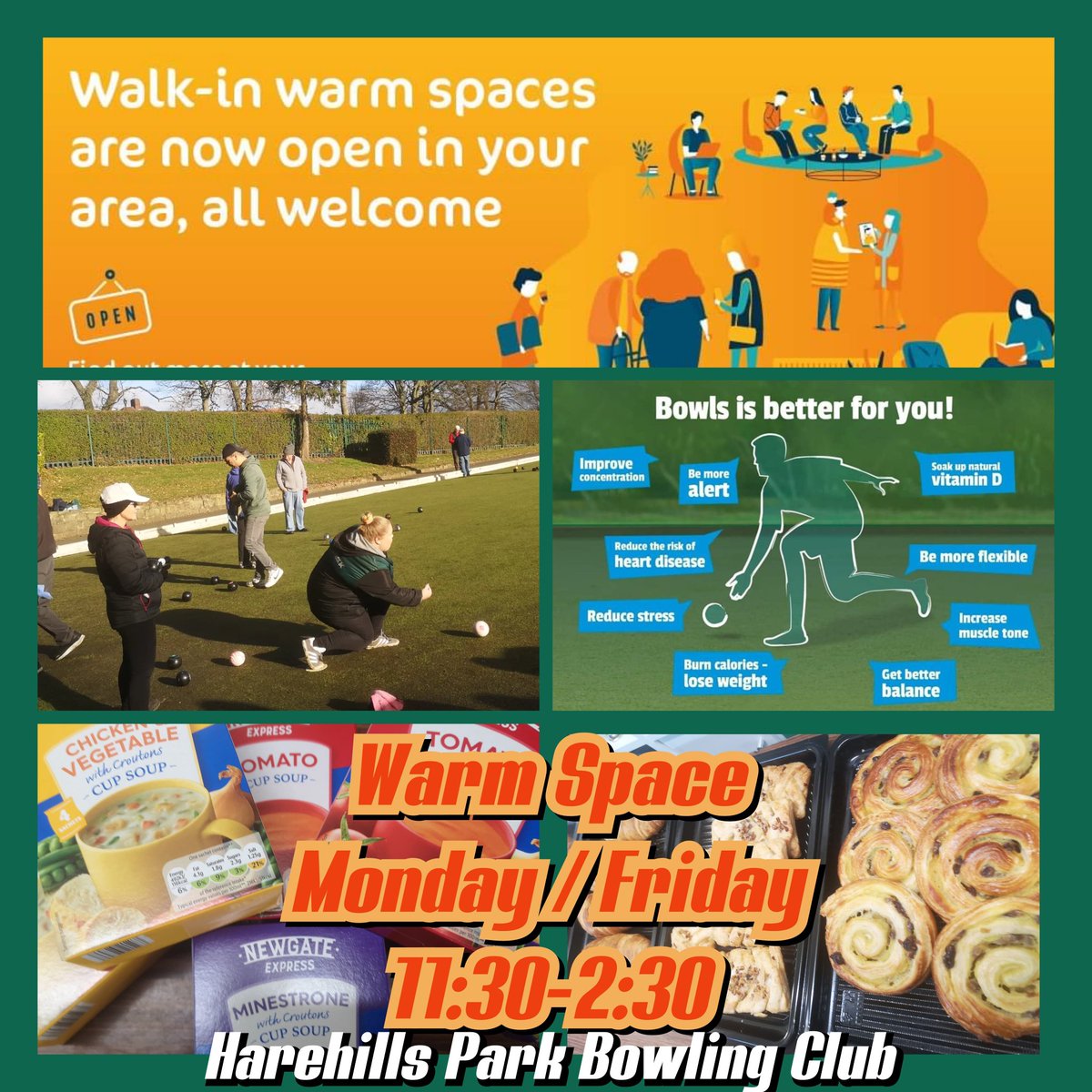 ClubHarehills's tweet photo. 🚨🚨🚨THIS POST INCLUDES A HEALTH WARNING 🚨🚨🚨

We are providing a warm space for anyone who needs it during our winter pairs bowls sessions. 

Every Monday and Friday between 11:30-2:30 pop along for a natter and even try bowls! https://t.co/bS8JAYUjgm
