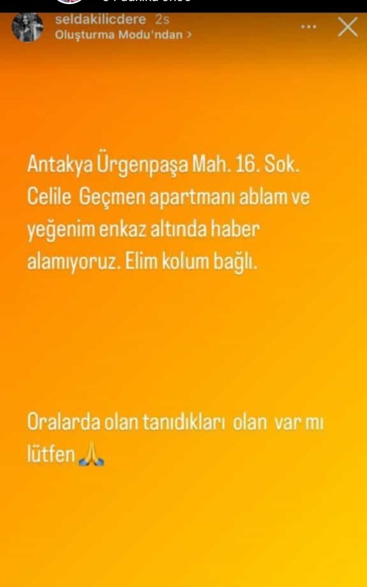 MeltemMeydan5's tweet photo. Lütfen yayalım tanıdığımızın akrabasından haber alamıyoruz enkaz altında kalmış bir kadın ve çocuğu adı : Çimen Gazi destek bekliyorlar hala yardım gitmemiş destekkkk!!! #acildeprem #deprem #enkazaltındayım @AFADBaskanlik @DepremDairesi @ANTALYABB https://t.co/dR5g1PEZBY