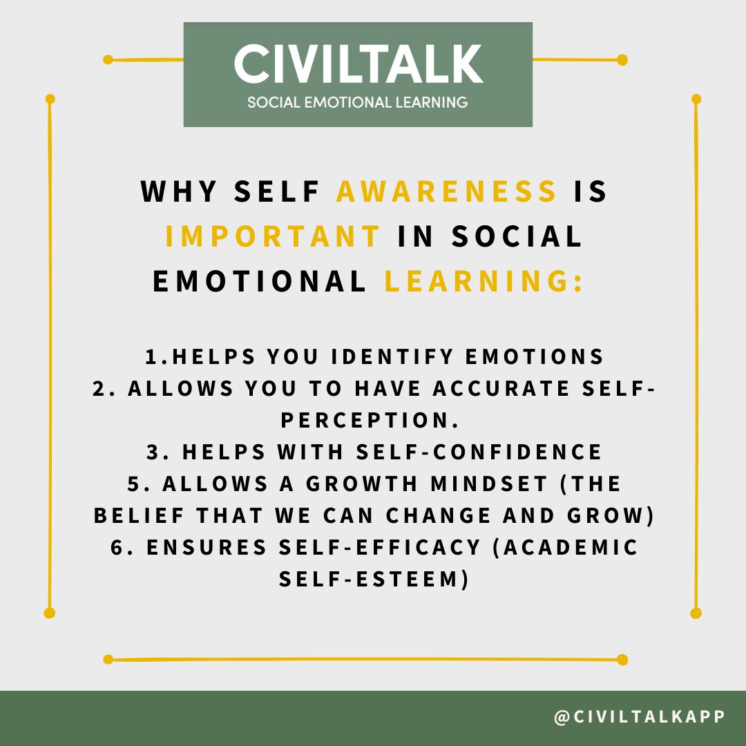 CivilTalkapp's tweet photo. Happy Monday, CivilTalkers! Today we are thinking about one of the core pillars of Social Emotional Learning: self-awareness. We want to offer a few points below as to how it’s important in SEL and in your day to day life. 🌟 https://t.co/XPYgTpz5s2