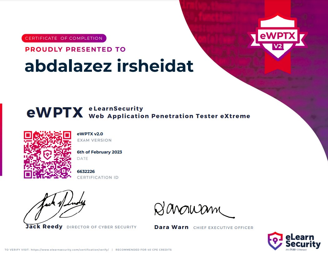 Alhamdulillah

 I'm happy to share that I successfully passed the #eWPTXv2 exam.

Thanks @eLearnSecurity , for this challenge!  😁