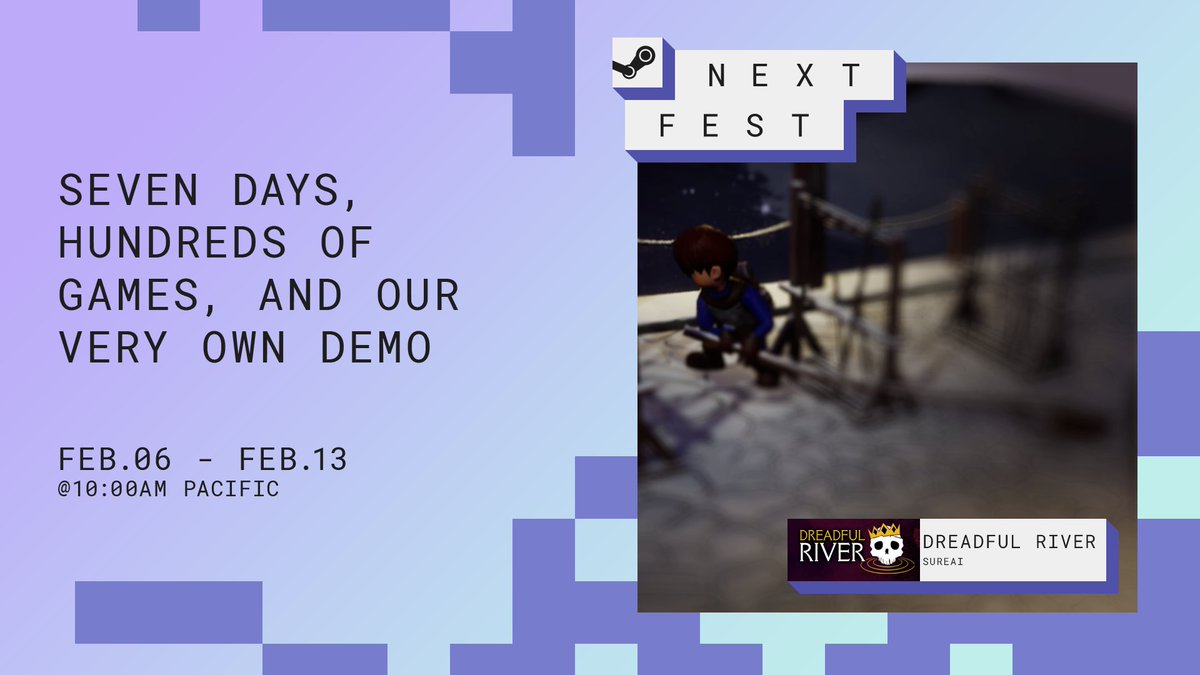 We'll be taking part in the Steam Next Fest. For a duration of one week you will be able to play a Demo-version of Dreadful River, which ultimately will launch into Early Access on February 28th.
