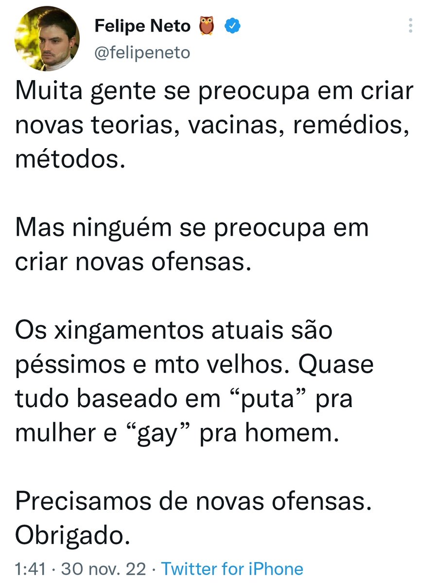 jozeneto_e's tweet photo. Uai, Felipe Neto. Vc quer que mais ofensas sejam criadas, mas chamar o Gilberto Gil de mamateiro deveria ser crime? Ofensa se tornou seletiva? Se o poder legislativo criar leis proibindo ofensas, como foi sugerido em seu post, você vai fazer oq?
imitar foca?
"Felipe neto voltou" https://t.co/jPgapalyFA