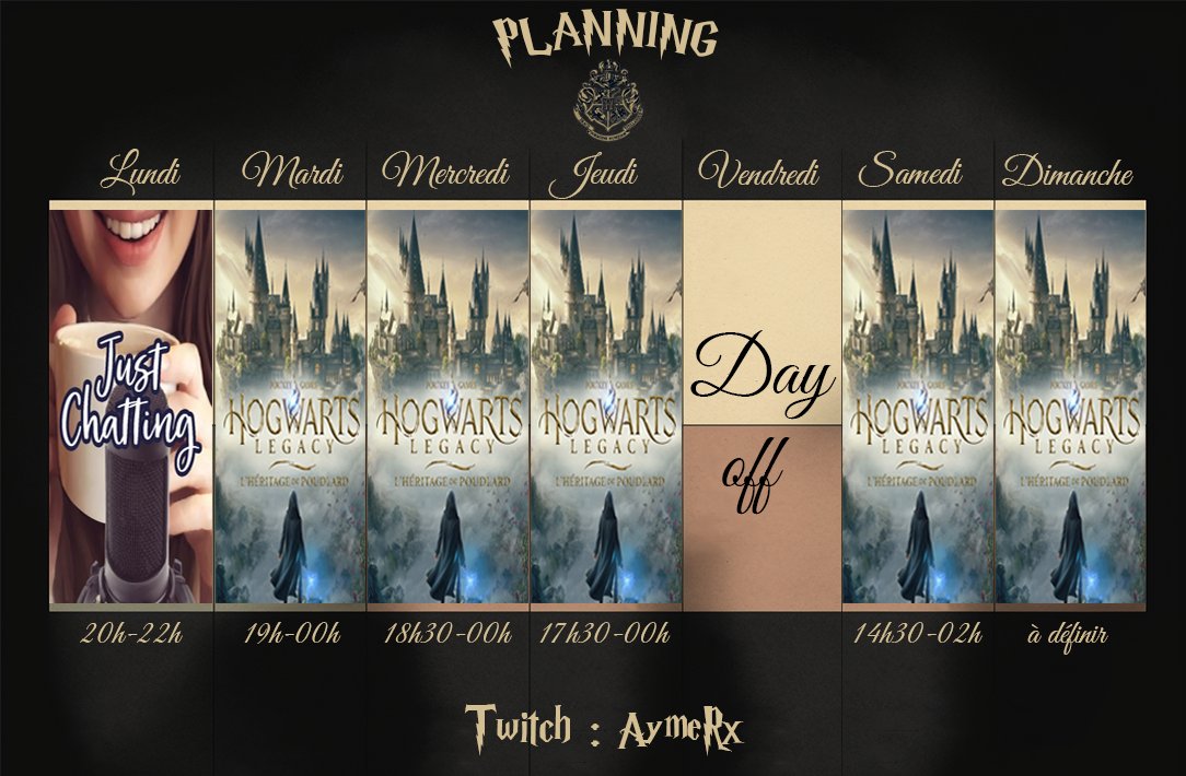 AymeRx_'s tweet photo. Le planning de la semaine !🧙

Discutions autour de Harry Potter puis on tryhard le jeu.

1 follow ou 1 don = 1 anecdote sur Harry Potter (film, livre, univers...).

➡️https://t.co/gFZQILrEgX https://t.co/LtQLWUTHTL