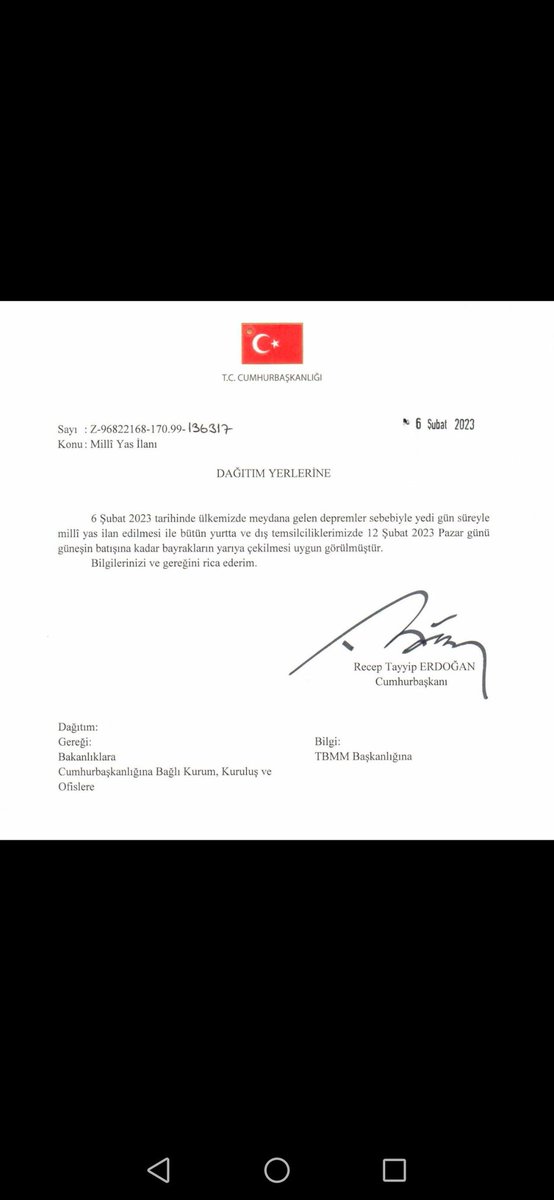 12.02.2023 pazar günbatımına kadar ülkemizde #milliyas ilan edildi bayraklar yarıya indirilecek.