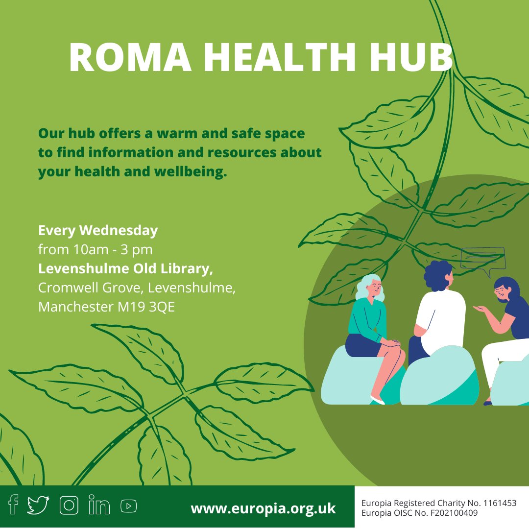 📢We are launching our #Roma #Health Hub. 

What to expect:

- Health and #Wellbeing advice
- #Referral to Europia’s #free #counselling sessions 
- Informative workshops promoting healthier and more fulfilling lifestyles
- Plenty of #snacks and #refreshments 

See you there!🤗