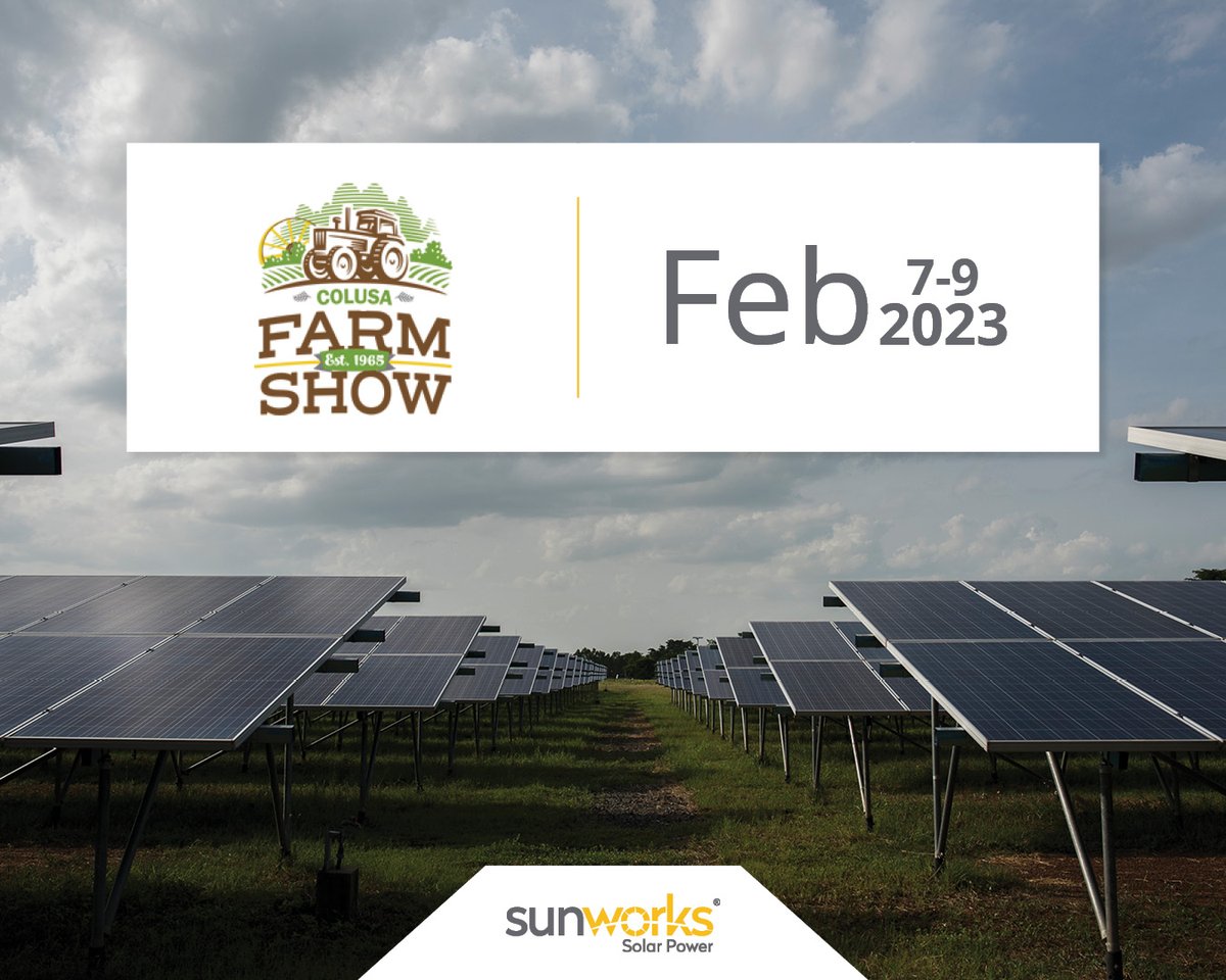 SunworksSolar's tweet photo. Come talk to us about how #solar can #save your #farm on operating costs at the #ColusaFarmShow tomorrow through Thursday in Colusa, CA! We’re at booth #413! ☀️

Can’t come? Visit us at https://t.co/6rdF7ZJ1Cl to learn more TODAY!

#Colusa #California #Farming #Savings #Business https://t.co/PQV6ZPZvds