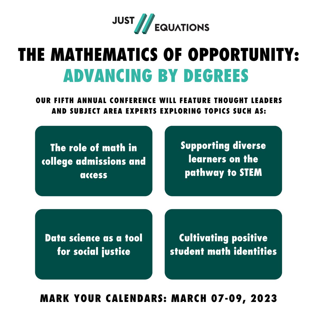 We’re thrilled to sponsor an upcoming panel at @JUST_Equations’ annual conference #TMO23! Join policymakers, advocates, and educators to consider how #math #education can be a force for opportunity and change. Register today: bit.ly/3CL71xK #TMO23 #JUST_Equations