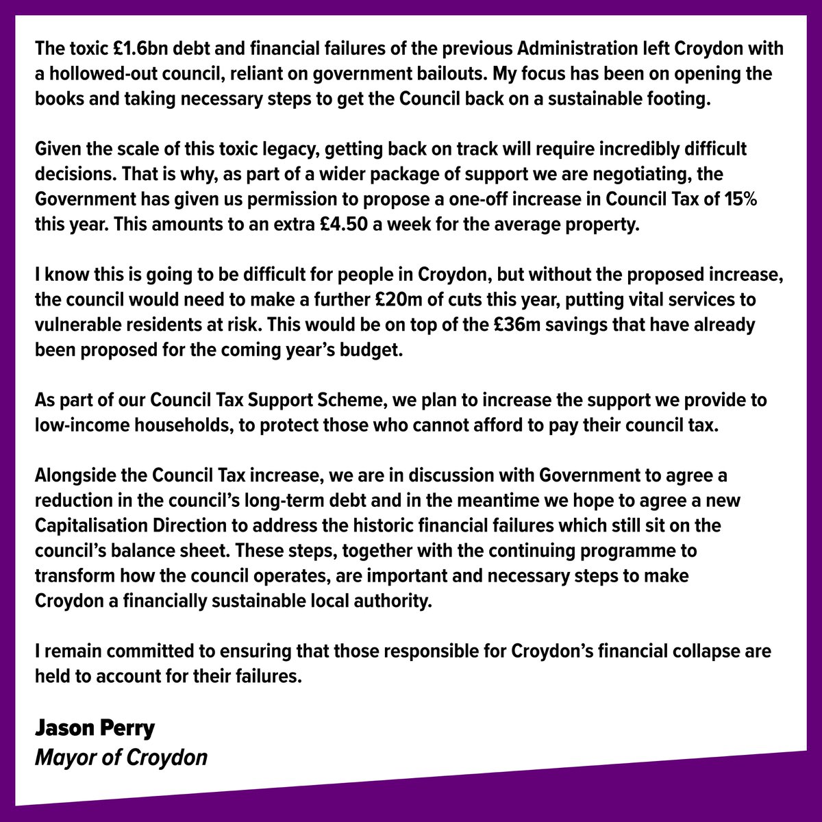 JasonForCroydon's tweet photo. Please see my statement below regarding Croydon Council's financial position. https://t.co/5PFiLmGWCv