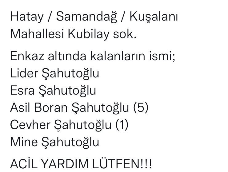 15 saattir Hatay/samandağa yardım gelmedi !!!
Akşam oldu,karanlık,soğuk yağmurla başbaşa elleri ile yakınlarını arıyorlar insanlar.kimsesiz mi bu insanlar?? BİZE YARDIM EDİN <a href="/AFADTurkiye/">AFAD</a> @AKUTASSOCIATION <a href="/AFADHatay/">AFAD HATAY</a> <a href="/banuguven/">Banu Guven</a> <a href="/haluklevent/">Haluk Levent ( Ahbap Ekibi )</a>