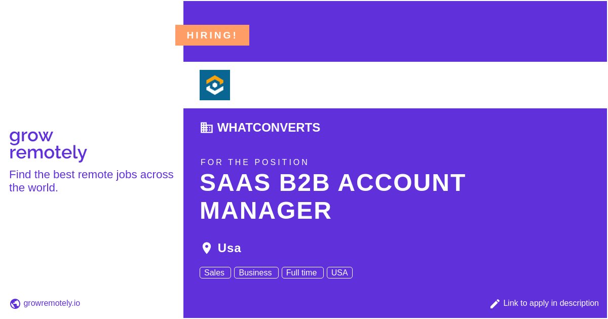 growremotelyio's tweet image. Check out this job at WhatConverts for the position SaaS B2B Account Manager.

 Apply link: growremotely.io/?id=63e046c53a…

#hiring #remotejobs #WhatConverts #SalesandMarketing