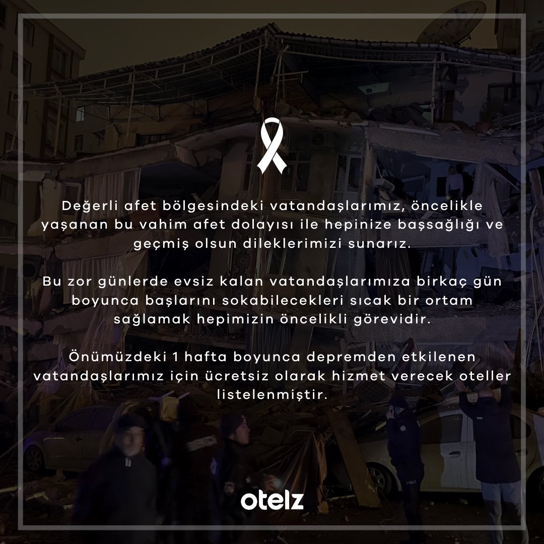 otelzcom's tweet photo. https://t.co/nT18QRH2E3
⚠️ AFETTEN OLUMSUZ ETKİLENEN VATANDAŞLARIMIZA YAKIN BÖLGE OTELLERİNDEN ÜCRETSİZ KONAKLAMA YARDIMI! 
#otelz #deprem #kahramanmaras https://t.co/1dwLTqlfAY