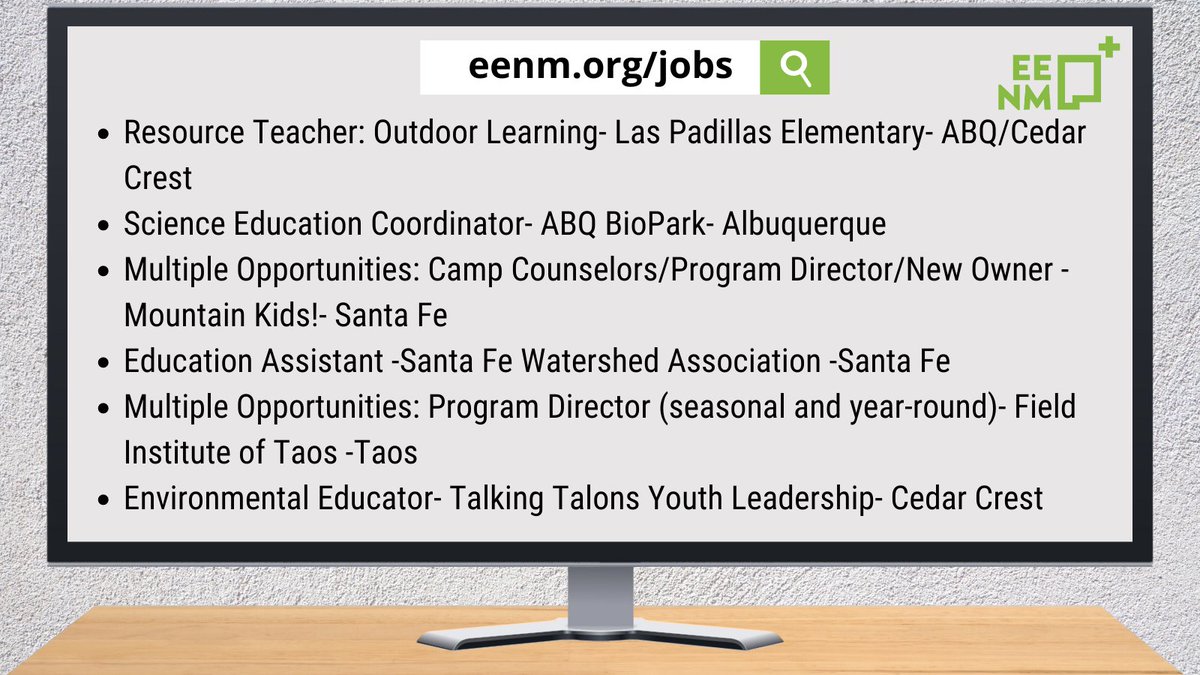 Happy Monday!!! New Outdoor Learning Resource Teacher and more!!
Check out our jobs Board and apply: eenm.org/jobs/

#EEJobs #GrowingOpportunities #everykideverydayeveryway