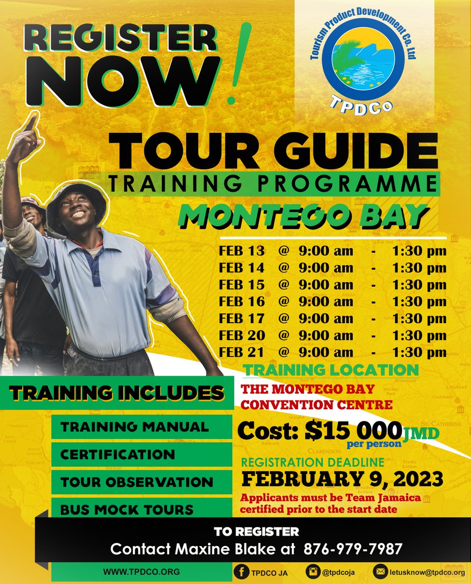 tpdcoja's tweet image. Tour Guide Training Progamme - MONTEGO BAY 

Register NOW!

Applicants must be Team Jamaica Certified.

#tpdcoja #tourguidetraining #tpdcotraining #tourismwibread