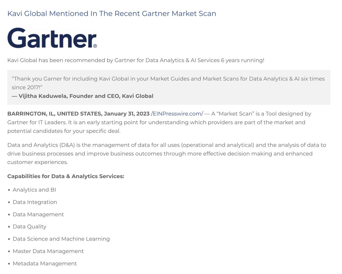 KG4Analytics's tweet image. Check out our recent recognitions in @Gartner  &apos;s recent market scan in the Data Analytics &amp;amp; AI Services Categories!

kaviglobal.com/news/kavi-glob… 

#DataAnalyics #AI #ArtificialIntelligence #EDW  #BI #Azure #AWS #GCP #Snowflake #Databricks