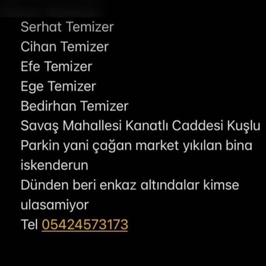 #AFAD #AFADhatay #HalukLevent #ahbaphatay #ahbapacil #deprem #Turkey Kuzenim eşi ve 3 oğluyla birlikte enkaz altında lütfen sesimiz olun lütfen yardım edin!