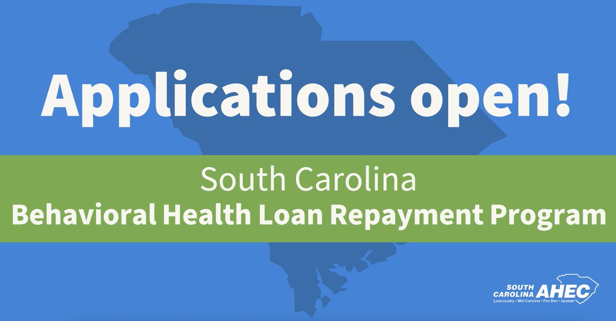 SCarolinaAHEC's tweet photo. The Behavioral Health Loan Repayment Program aims to address the need for mental &amp; behavioral health professionals in SC's rural &amp; underserved communities.

To find if out if you're eligible and to apply, visit https://t.co/TQfbGk7oNe. https://t.co/GC5laUEHd3