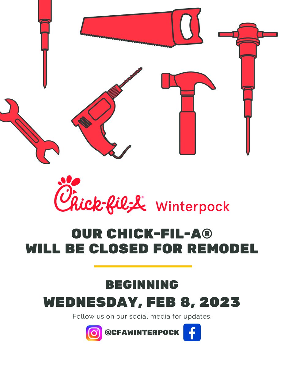 🚧 Starting Wednesday, February 8th, our Winterpock location will be temporarily closed for a few weeks while our restaurant undergoes an exciting drive thru renovation! If you visit the Brandermill &amp; Chester Chick-fil-A locations you may see some of our team members. ❤️