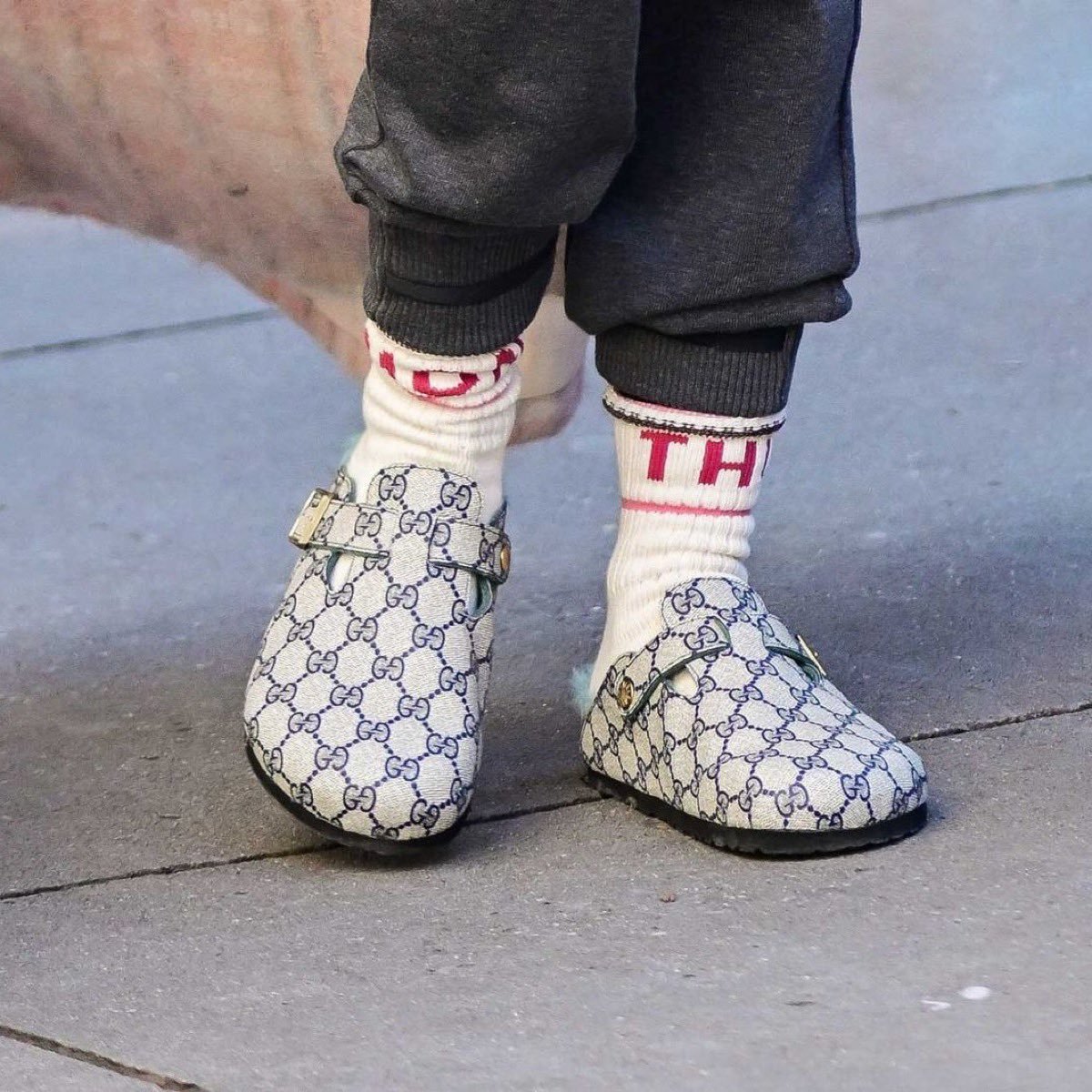 TheSnobette's tweet photo. Are they real or custom? SATC season 2 pics point at possible Birkenstock x Gucci Boston collab... https://t.co/TLHhWasbRh