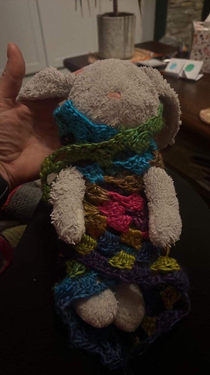 So my latest effort. I’m getting better LMH <a href="/Chris_Hoole/">Chris Hoole</a>. The blanket has been stolen and used as a technicolour dream coat for bunny 😂