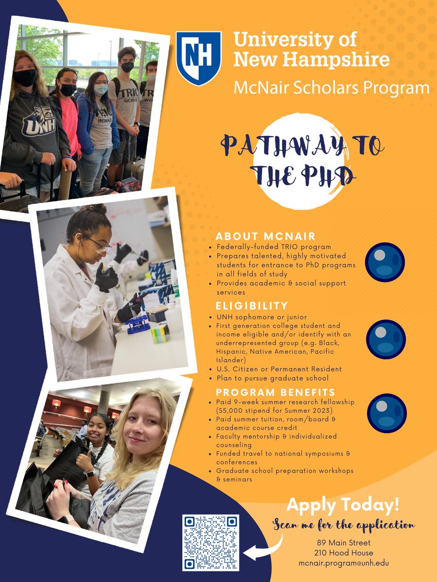 <a href="/UNHMcNair/">UNH McNair Program</a> will be hosting drop-in sessions for students who have questions about the program or application. 
Virtual: email Selina.Choate@unh.edu  
•Feb. 6, 13, and 20
•1:00-2:30 PM 
In Person:
•Feb. 9, 16, 23, and Mar. 2 
• 12:40 – 2 PM 
•Hood House, Room 201
