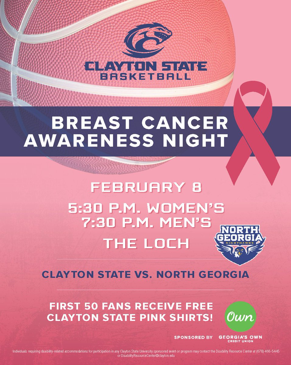 Wednesday night's men's and women's basketball game against North Georgia is Breast Cancer Awareness Night Sponsored by Georgia's Own Credit Union! The first 50 people in attendance receive a free t-shirt! See you at the Loch!!