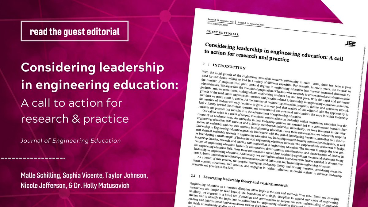 VT Engineering Education (@vtenge) on Twitter photo In this editorial, 4 <a href="/vtenge/">VT Engineering Education</a> Ph.D. students & <a href="/HMatusovich/">Holly Matusovich</a> encourage readers to look critically toward the context, systems, & structures of enged & consider the ways in which leadership research and practice can contribute to the advancement of enged.
📰bit.ly/3RyEhPb In this editorial, 4 <a href="/vtenge/">VT Engineering Education</a> Ph.D. students & <a href="/HMatusovich/">Holly Matusovich</a> encourage readers to look critically toward the context, systems, & structures of enged & consider the ways in which leadership research and practice can contribute to the advancement of enged.
📰bit.ly/3RyEhPb
