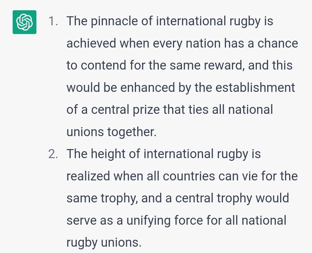 RaeburnShield's tweet photo. You know it #ChatGPT π
It even supplied me with hashtags...
#RugbyNation #TryTime #ScrumLife #RuckAndRoll #LineBreakLifestyle #MaulMadness #KickForGlory #TackleTough #TeamRugby #RugbyRuler #Rugby https://t.co/orAFaIvEdp