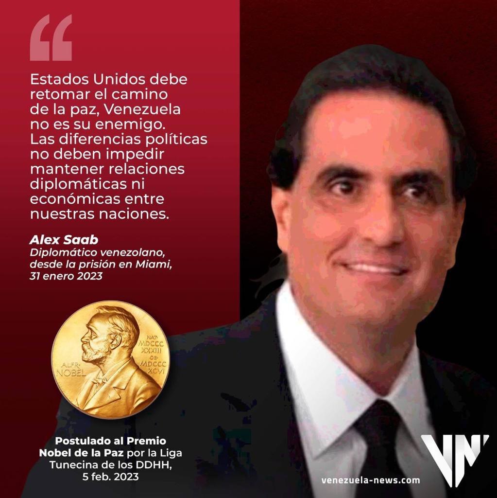 FreeAlexSaabOrg's tweet photo. "EE.UU debe retomar el camino de la paz;🇻🇪 no es su enemigo, la diferencia política no debe impedir mantener relaciones políticas y diplomáticas con nuestro gobierno". Mensaje del diplomático venezolano Alex Saab, postulado al @NobelPrize 
#AlexNobelDeLaPaz
@NicolasMaduro @POTUS https://t.co/5wt0XSCWtP