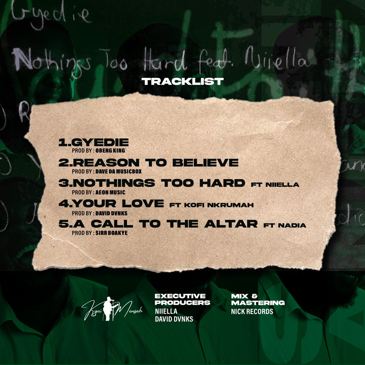 The official tracklist for my EP “Sound &amp; Faith” 
Shoutout to @KofiNkrumahMen1 <a href="/NiiellaOfficial/">Niiella Official</a> <a href="/SirrBoakye/">Sirr Boakye</a> <a href="/obengking_/">Obeng King</a> <a href="/jonas_ahedor/">Jonas Ahedor</a> @MusicboxDave <a href="/Nyvada/">Nahdya</a> <a href="/nicholas_annang/">Nicholas Annang</a> and David Dvnks for being on this project!
