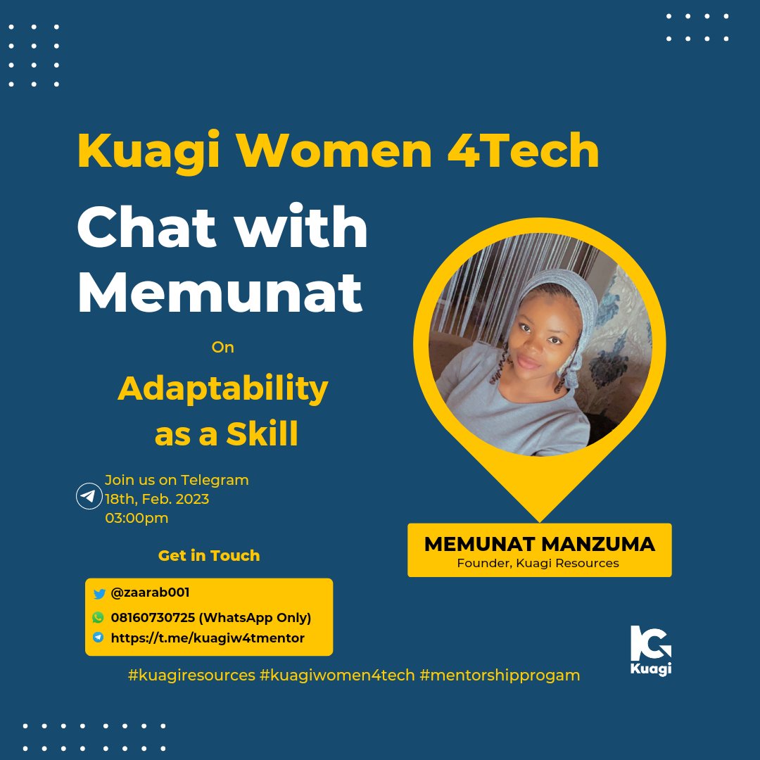 Kuagiwomen4tech's tweet image. Just as you need good problem-solving skills to resolve the constant stream of challenges occurring in our fast-paced world of work, you also need the ability to adapt in the face of change.
Join @zaarab001 on:🚀t.me/kuagiw4tmentor
#kuagiresources #kuagiwomen4tech
