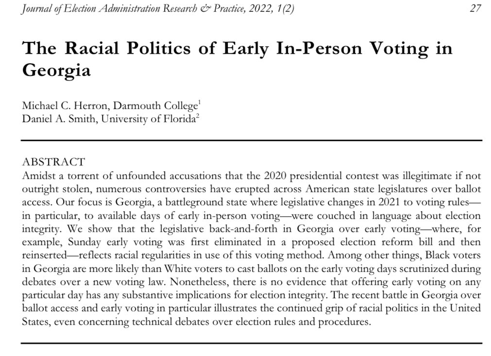 JEARP (@jearpjournal) on Twitter photo “The recent battle in Georgia over ballot access and early voting in particular illustrates the continued grip of racial politics in the United States”
Read more from Michael Herron and <a href="/electionsmith/">daniel a. smith</a> here:
electioncenter.org/journal-articl… “The recent battle in Georgia over ballot access and early voting in particular illustrates the continued grip of racial politics in the United States”
Read more from Michael Herron and <a href="/electionsmith/">daniel a. smith</a> here:
electioncenter.org/journal-articl…